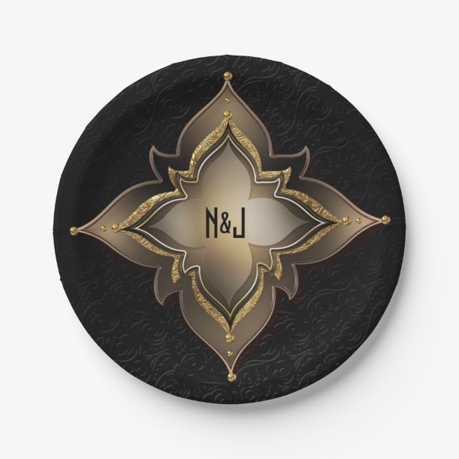 Assiettes En Carton Or Noir Glam Exotique Chic Fleur Fête Personnalisé (Devant)