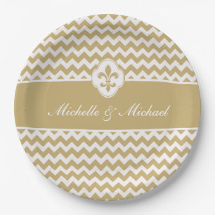 Assiettes En Carton Or personnalisé White Fleur de Lis Chevron