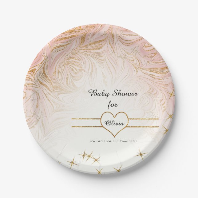 Assiettes En Carton Or rose de marbrure de marbre rose de baby shower (Devant)