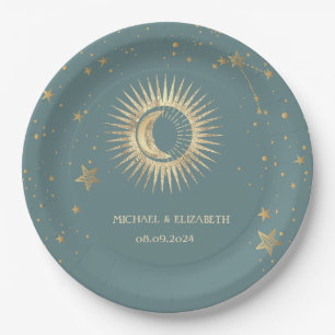 Assiettes En Carton Or Soleil Céleste Et Lune Étoiles Vert Menthe