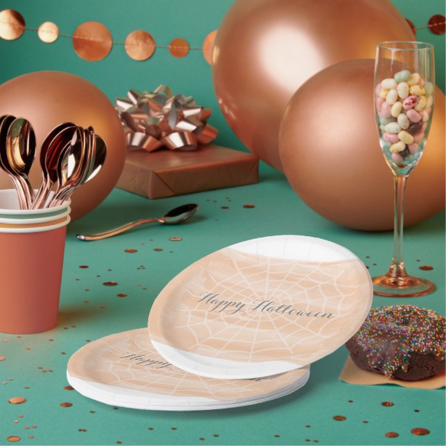 Assiettes En Carton Orange Aquarelle Spider Web Halloween (Multi)