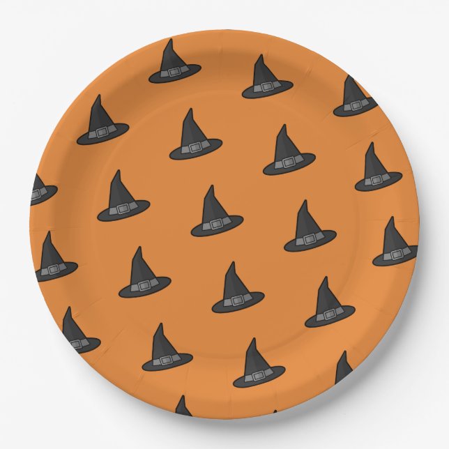Assiettes En Carton Orange Black Witch Casquette Motif Halloween Party (Devant)
