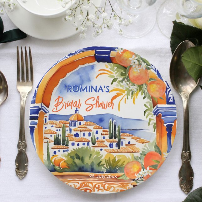 Assiettes En Carton Orange bleu azulejo talavera tuiles douche nuptial (Orange blue azulejo talavera tiles Spanish citrus summer bridal shower template printed paper plates)