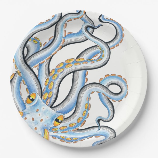 Assiettes En Carton Orange bleu octopus funky (Devant)