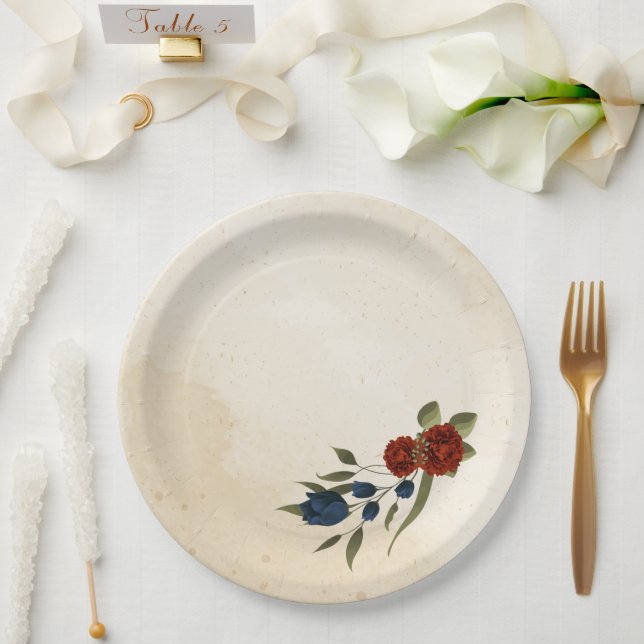 Assiettes En Carton orange brûlé et bleu marine floral (Mariage)