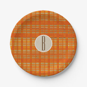 Assiettes En Carton Orange Carreaux & Marron Kraft Monogramme Initial