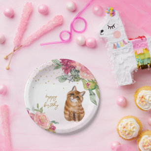 Assiettes En Carton Orange Cat Illustration Joyeux Anniversaire Fille 