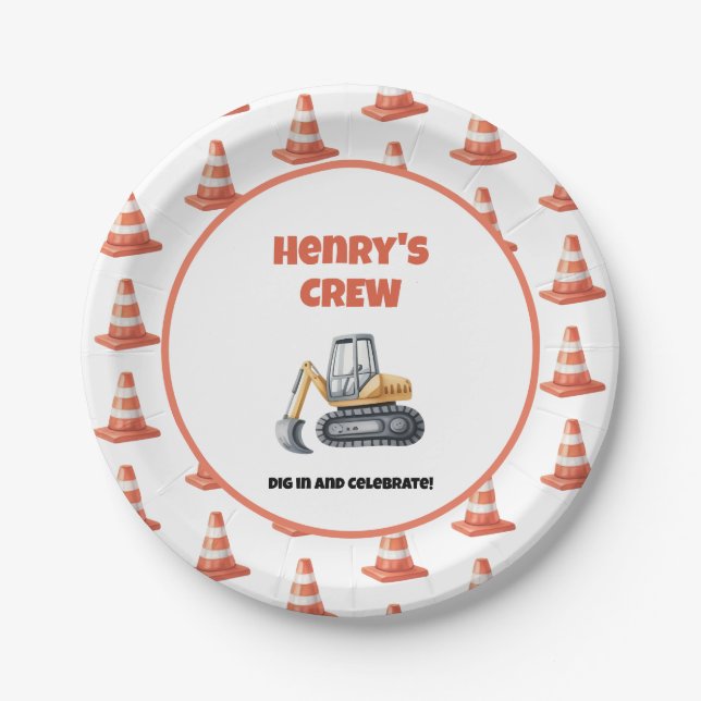 Assiettes En Carton Orange Cone Construction Digger Nom Garçon Anniver (Devant)