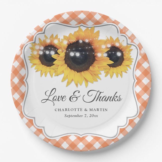 Assiettes En Carton Orange En vichy Sunflower Love et Merci Mariage (Devant)