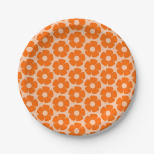 Assiettes En Carton Orange et Pêche Retro 60s motif floral
