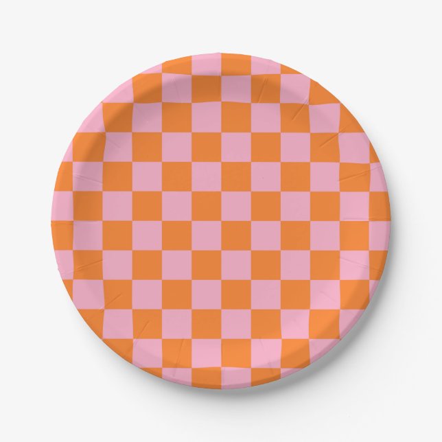 Assiettes En Carton Orange et rose Checkered (Devant)
