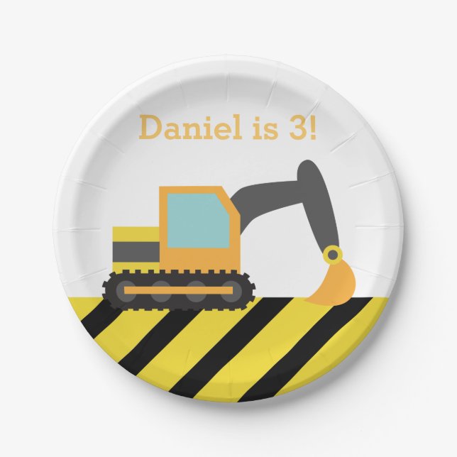 Assiettes En Carton Orange Excavator Construction Boys fête d'annivers (Devant)
