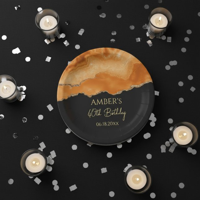 Assiettes En Carton Orange Gold Glitter  Watercolor Marble (Créateur téléchargé)