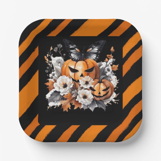 Assiettes En Carton Orange Halloween Pumpkin Floral (Recto)