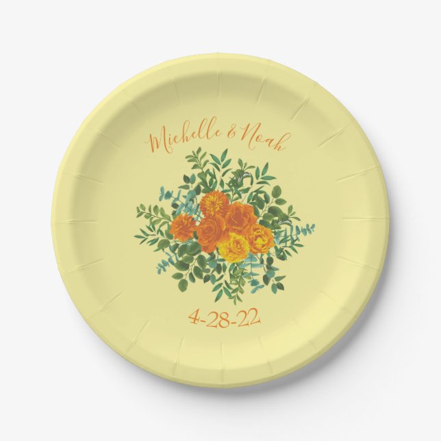 Assiettes En Carton Orange & Jaune clair Peony & Rose Floral Mariage (Devant)