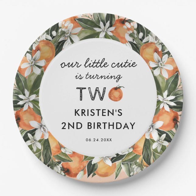 Assiettes En Carton Orange Little Cutie Est Deux 2E Anniversaire (Devant)