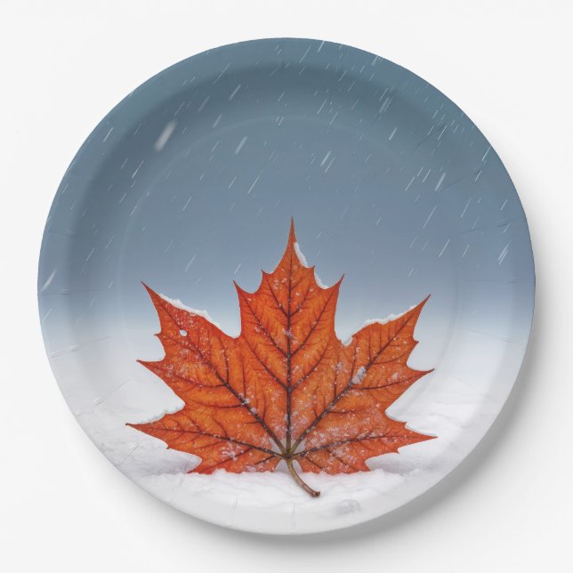 Assiettes En Carton Orange Maple Leaf On Fresh Snow  (Devant)
