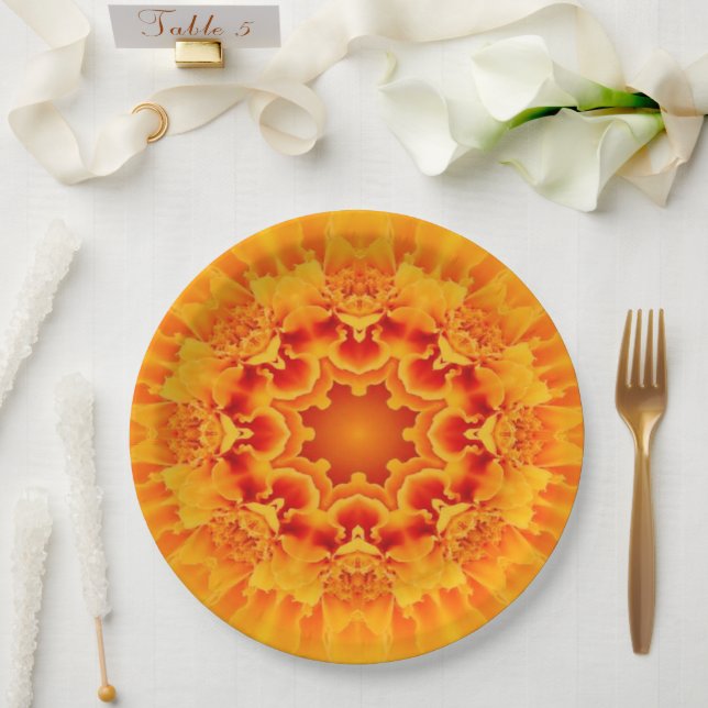Assiettes En Carton Orange Marigold Mandala (Mariage)