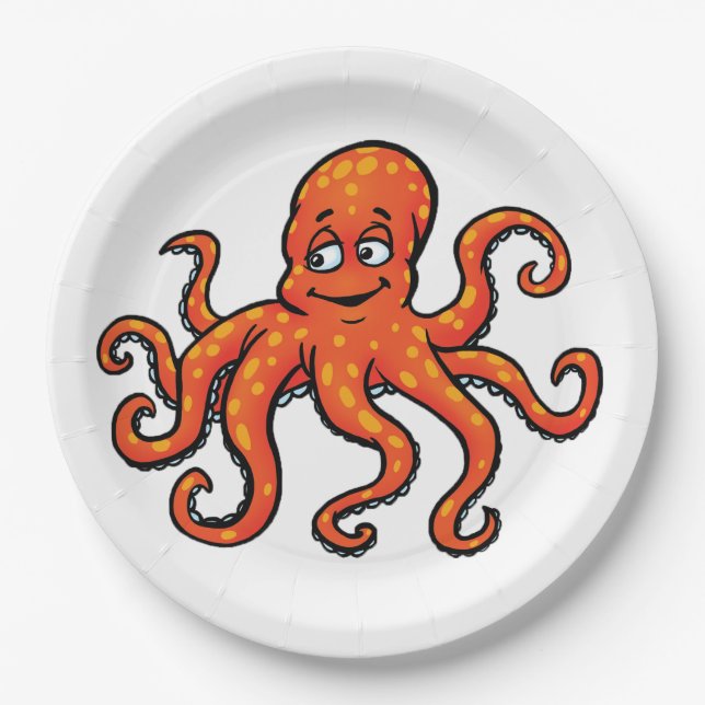 Assiettes En Carton Orange Octopus Cartoon Ocean Sea Creature (Devant)