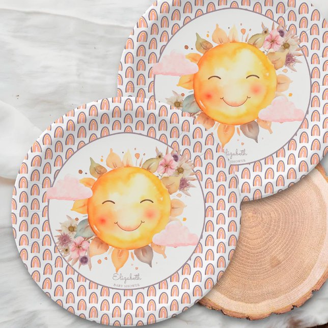 Assiettes En Carton Orange Pink Rainbow Floral Boho Sun Baby Shower (Créateur téléchargé)