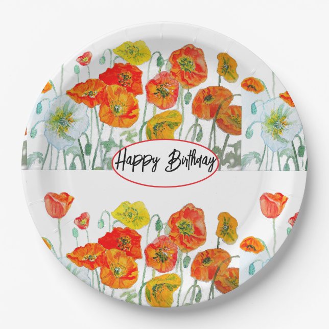 Assiettes En Carton Orange Rouge Poppy Fleur Aquarelle Anniversaire (Devant)