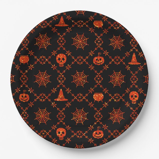 Assiettes En Carton Orange sur le Motif d'Halloween noir (Devant)