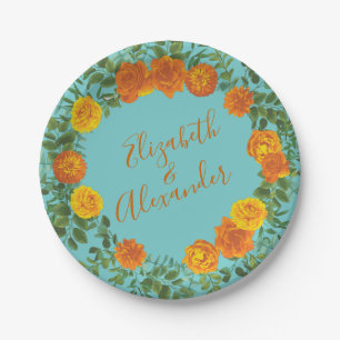 Assiettes En Carton Orange Turquoise Aqua Peony & Rose Floral Mariage
