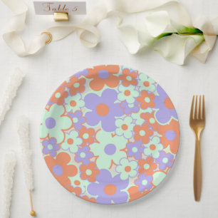 Assiettes En Carton Orange violet bleu rétro Y2K les années 70 Fleur M
