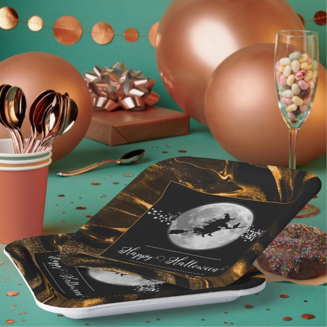 Assiettes En Carton Orange Witch Silhouette Halloween (Multi)