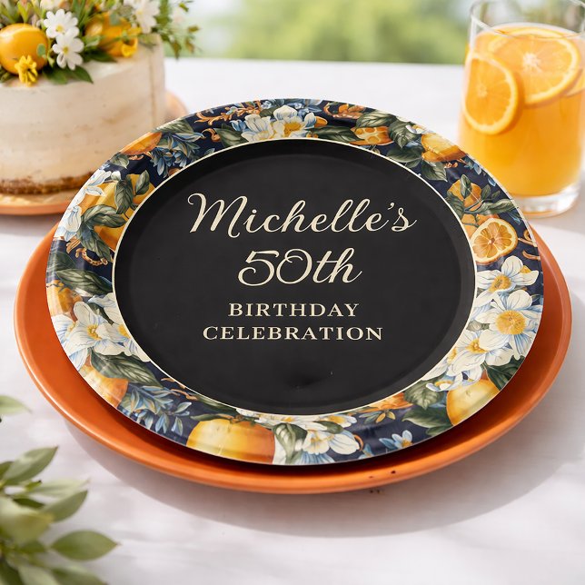Assiettes En Carton Oranges White Flowers Navy Blue Birthday Welcome (Navy citrus floral 50th birthday paper plate )