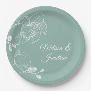 Assiettes En Carton Orchidées fleurie moderne vert élégant mariage