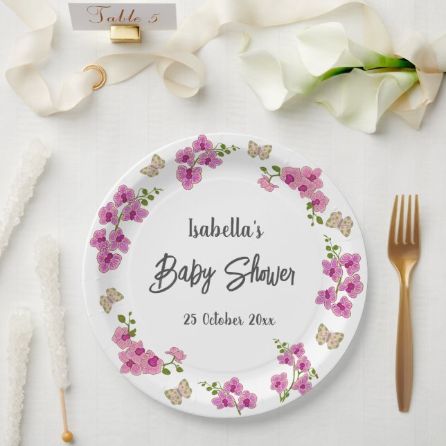 Assiettes En Carton Orchidées Papillon tropical violet rose (Mariage)