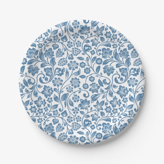 Assiettes En Carton Ornate Blue and White Floral Vines Pattern (Devant)