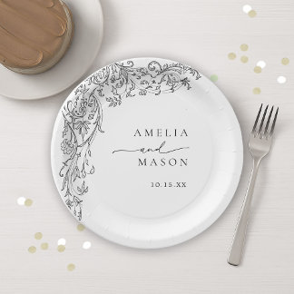 Assiettes En Carton Ornate Elegant Black and White Paper Wedding