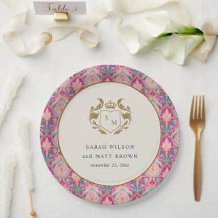 Assiettes En Carton Ornate Hot Pink Gold Classy Floral Laurel Mariage