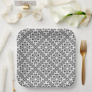 Assiettes En Carton Ornement ethnique géométrique noir et blanc