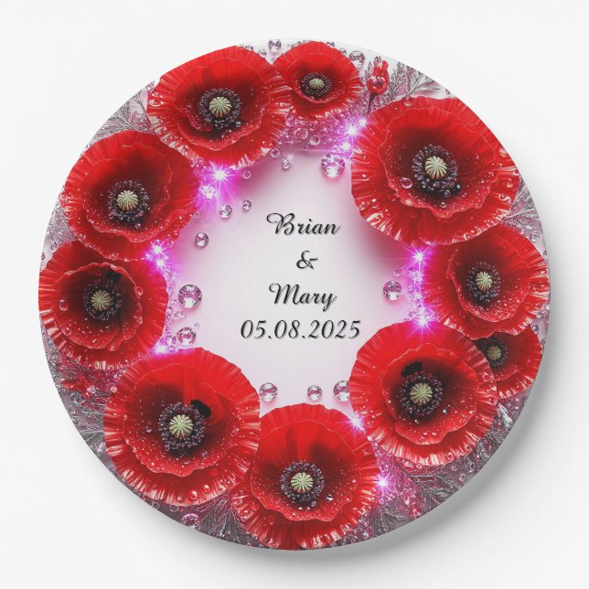 Assiettes En Carton Ornement floral complexe avec fleurs rouges (Devant)