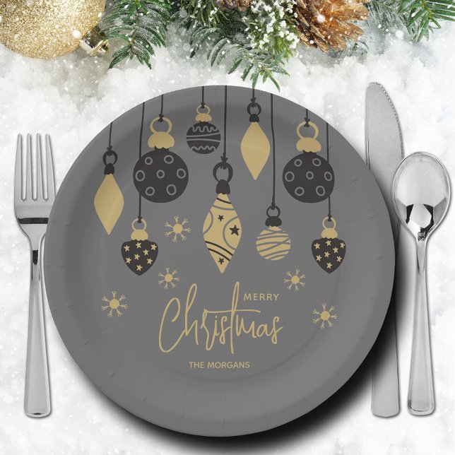 Assiettes En Carton Ornements de Noël chic sur gris (Chic black and gold Christmas tree ornaments on grey paper plates in 2 sizes)