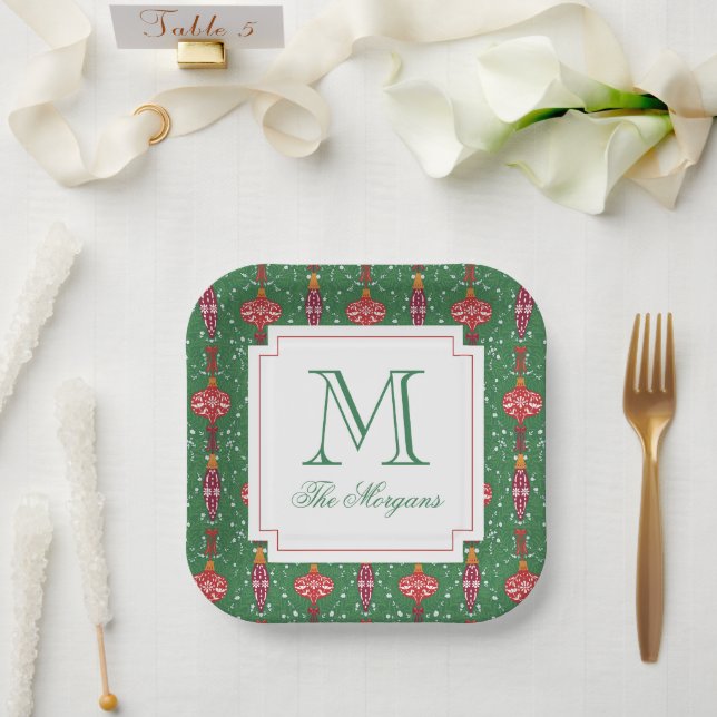 Assiettes En Carton Ornements de Noël festifs Monogramme (Mariage)