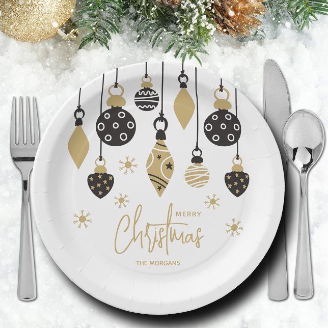 Assiettes En Carton Ornements de Noël noir et or chic (Chic black and gold Christmas tree ornaments paper plates in 2 sizes)