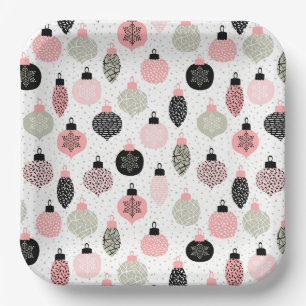 Assiettes En Carton Ornements de Noël rose et vert blanc Arrière - pla