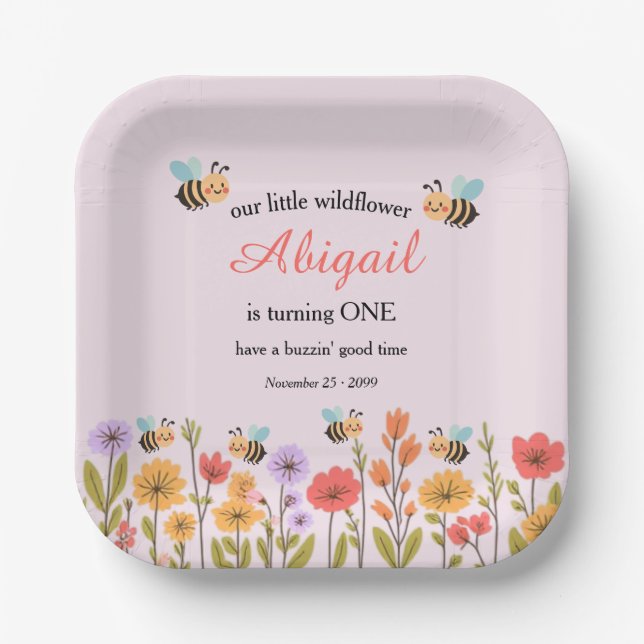 Assiettes En Carton Our Little Wildflower Floral Bee 1st Birthday (Recto)