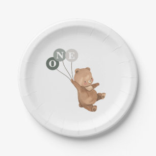 Assiettes En Carton Ours avec 3 Ballons verts 1er anniversaire