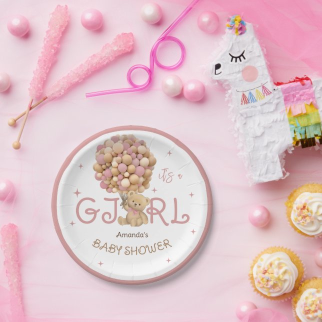 Assiettes En Carton Ours Balloons Boho rose Baby Girl Douche (Fête)