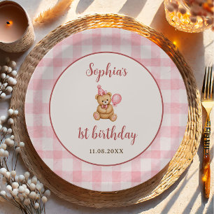 Assiettes En Carton Ours Beary 1er Anniversaire Rose Ballon
