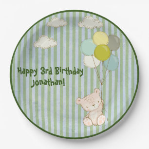 Assiettes En Carton Ours blanc avec ballons Typographie rustique verte