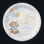 Assiettes En Carton Ours bleu or avec ballons Nuages Etoiles Garçon Bé<br><div class="desc">Nous pouvons attendre prématurément l'arrivée du bébé! Cette adorable plaque en peluche sur le thème de l'ours est un vrai sourire sur le visage de vos invités ! Les couleurs pastel bleu & or doux rendent ce design parfait pour un baby shower garçon. Personnalisez l'assiette avec vos détails et si...</div>
