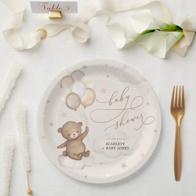 Assiettes En Carton Ours Brown doux et ballons Baby shower neutre (Mariage)