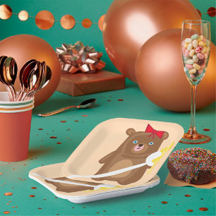 Assiettes En Carton Ours de miel adorable avec cuillère et cabot rouge