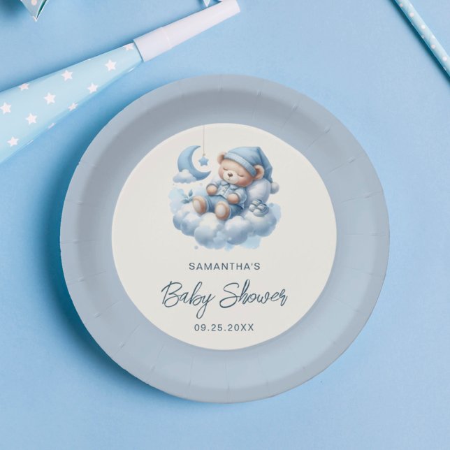Assiettes En Carton Ours dormant sur le nuage bleu baby shower garçon  (Créateur téléchargé)